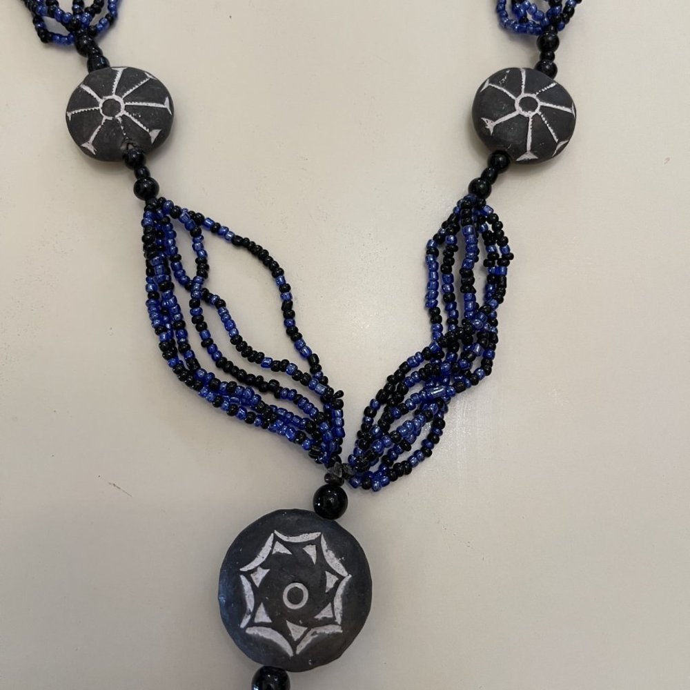 Black and blue beaded necklace with 3 grey stones, ladies jewelry, pre-owned